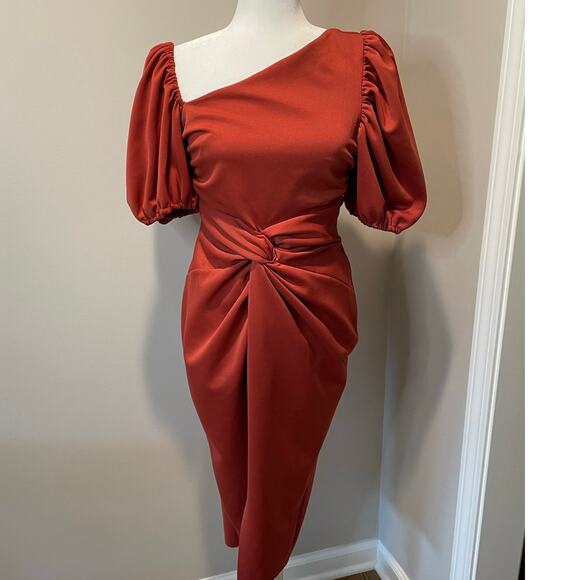Asos Design Asymmetric Puff Sleeve Knot Tuck Midi Dress Sz 6 Sheath Terracotta - Picture 3 of 12